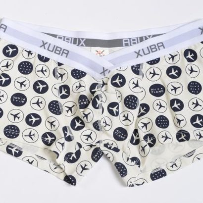 First Class white smoke cotton boxer decorated with planes and stars and contains a grey belt