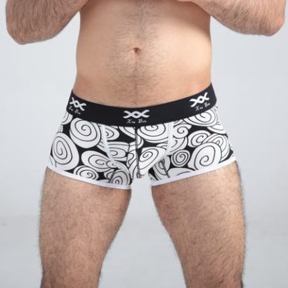 First class black cotton boxer decorated with beige circles and contains black belt