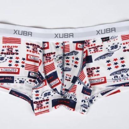 White brief boxer decorated with stars and trade marks