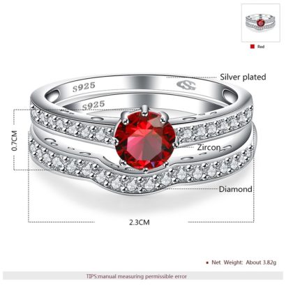 Luxurious silver 925 ring inlaid with red zircon bezel and side white special crystals