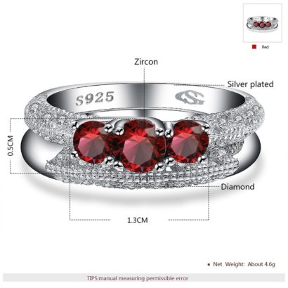 Luxurious silver 925 ring inlaid with three red crystal bezel and side white special crystals