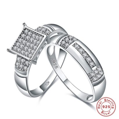 Luxurious silver 925 twins rings inlaid with white square crystals bezels and side white special crystals