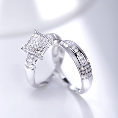 Luxurious silver 925 twins rings inlaid with white square crystals bezels and side white special crystals