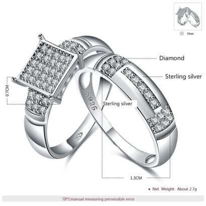 Luxurious silver 925 twins rings inlaid with white square crystals bezels and side white special crystals