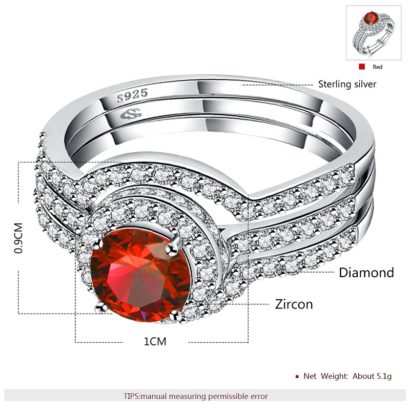 Luxurious triple silver 925 rings inlaid with red zircon and side white special crystals