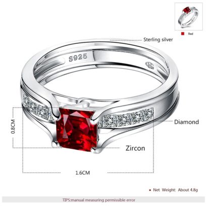 Luxurious silver 925 twins rings inlaid with red zircon and side white special crystals