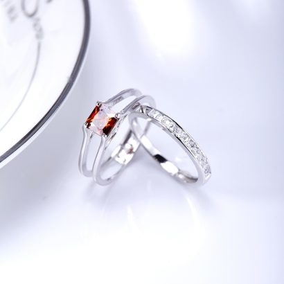 Luxurious silver 925 twins rings inlaid with red zircon and side white special crystals