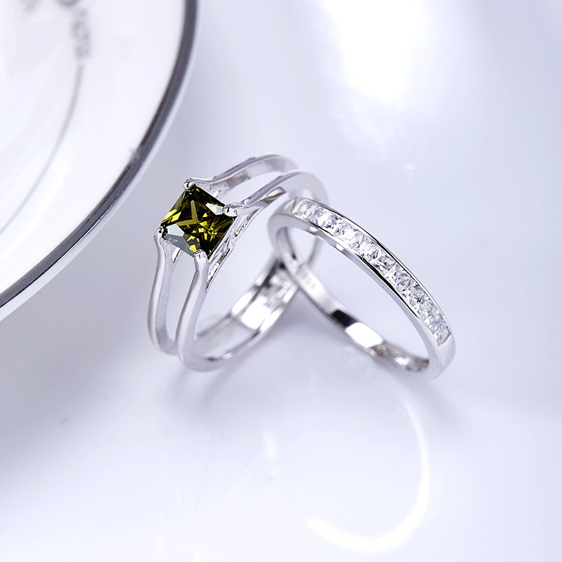 Luxurious silver 925 twins rings inlaid with olive green zircon and side white special crystals