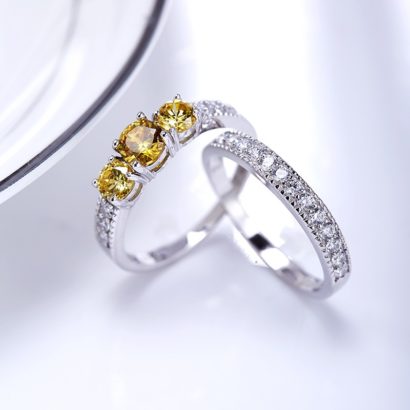 Luxurious silver 925 twins rings inlaid with three champagne zircons and side white special crystals