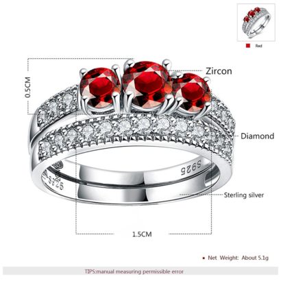 Luxurious silver 925 twins rings inlaid with three red zircons and side white special crystals