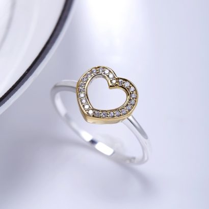 Heart silver 925 ring plated with gold and inlaid with white special crystals