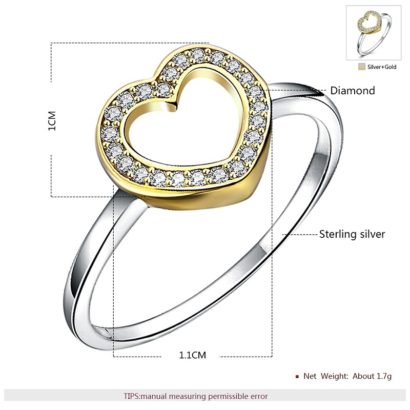 Heart silver 925 ring plated with gold and inlaid with white special crystals