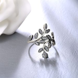 Olive branch, silver 925 ring inlaid with swiss crystal