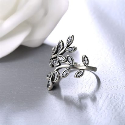 Olive branch, silver 925 ring inlaid with swiss crystal