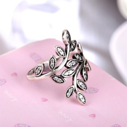 Olive branch, silver 925 ring inlaid with swiss crystal