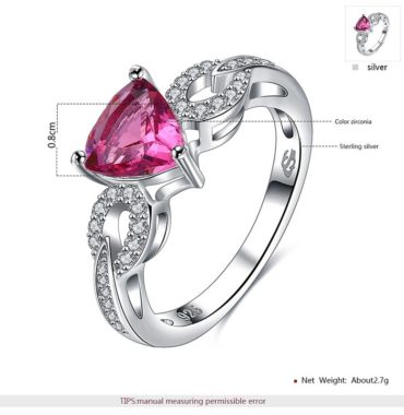 Silver 925 ring with a unique design inlaid with white crystals and a rose heart from zircon