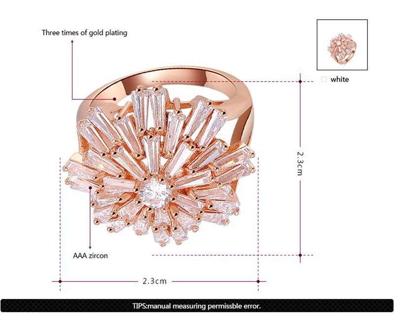 The rose copper ring plated with three layers of gold 18K, inlaid with big white zircons