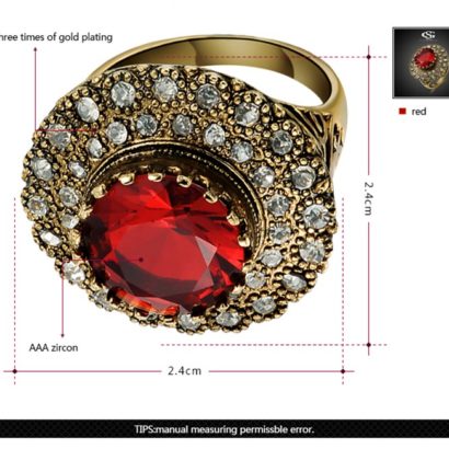 Copper ring three times of gold plating with a classical design and inlaid with red zircon