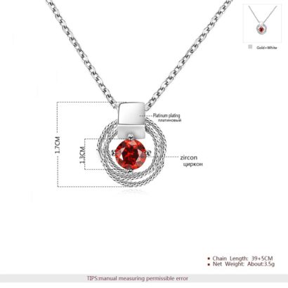 Braid necklace plated with platinum and has a red zircon in the middle