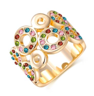 Unique design of gold plated 18K ring, decorated with circular shapes inlaid with colored zircon