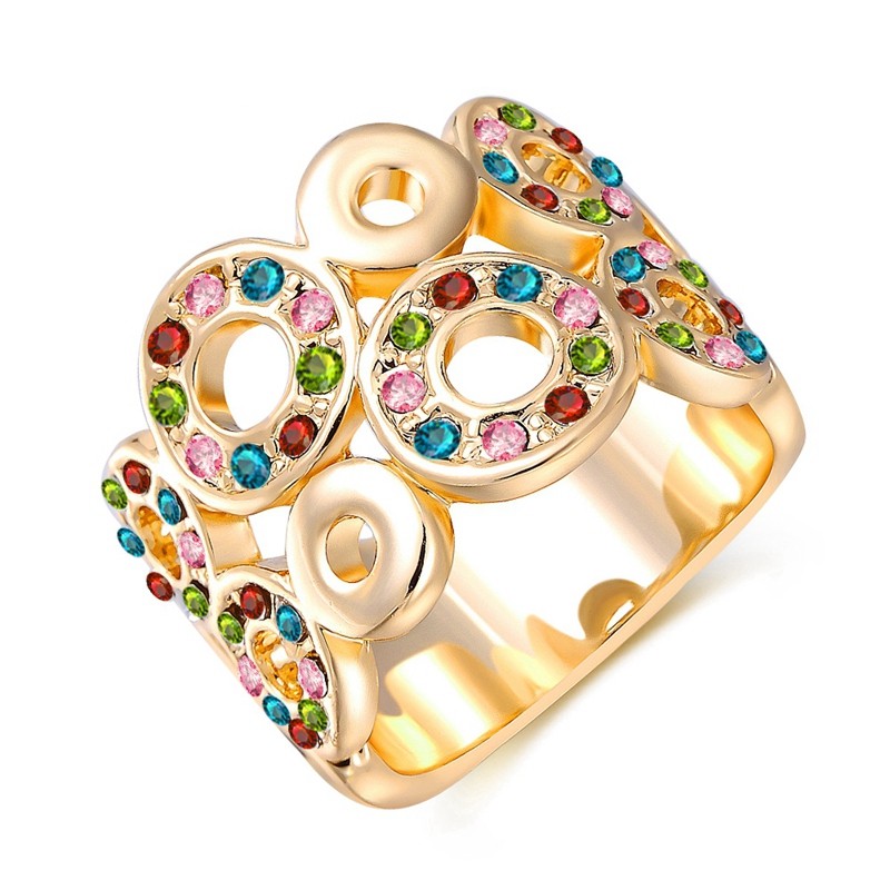 Unique design of gold plated 18K ring, decorated with circular shapes inlaid with colored zircon