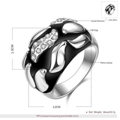 Water drop ring is a unique design plated with platinum and inlaid with diamond crystals and decorated by black oil drip