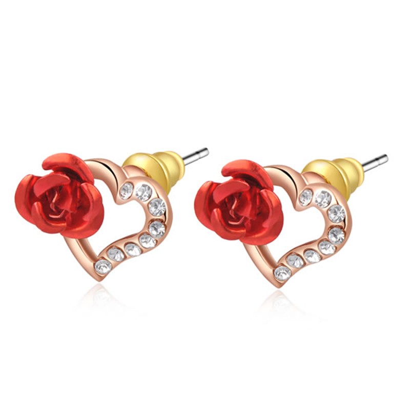 Heart and Rose earring, three times gold plated inlaid with genuine austrian white crystals and decorated by red rose