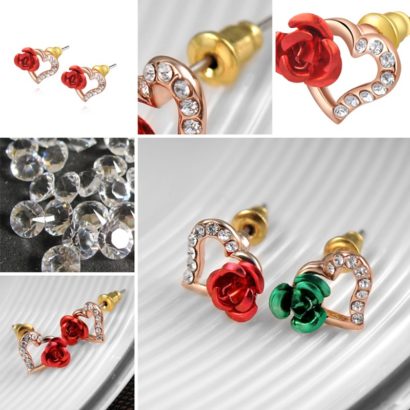 Heart and Rose earring, three times gold plated inlaid with genuine austrian white crystals and decorated by red rose