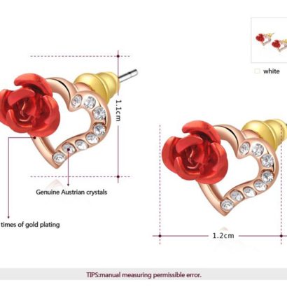 Heart and Rose earring, three times gold plated inlaid with genuine austrian white crystals and decorated by red rose