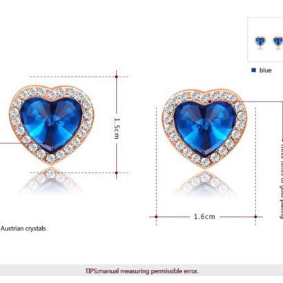 The Heart earring, three times gold plated and inlaid with swiss crystals and blue heart of zircon