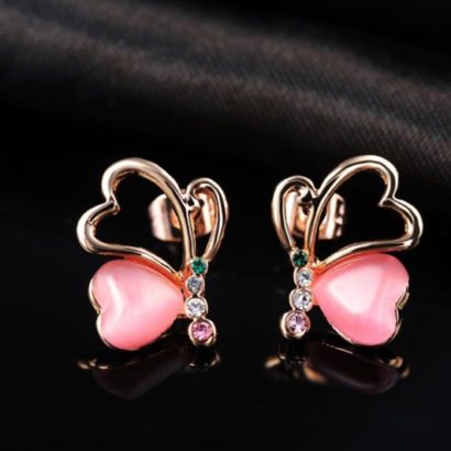 Love Hearts earring, has a unique design, three times gold plated and inlaid with pink pearl and colored crystals