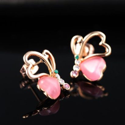 Love Hearts earring, has a unique design, three times gold plated and inlaid with pink pearl and colored crystals