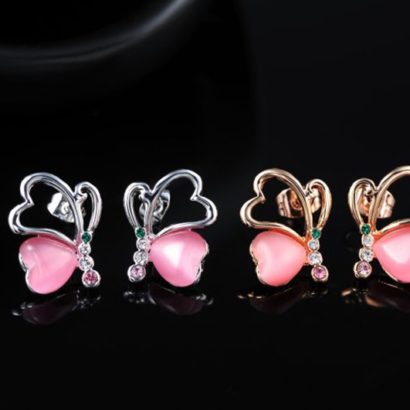 Love Hearts earring, has a unique design, three times gold plated and inlaid with pink pearl and colored crystals