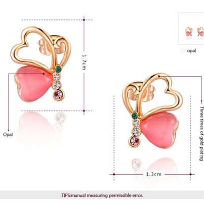 Love Hearts earring, has a unique design, three times gold plated and inlaid with pink pearl and colored crystals