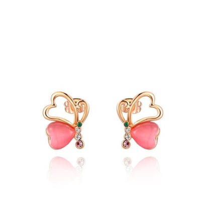 Love Hearts earring, has a unique design, three times gold plated and inlaid with pink pearl and colored crystals