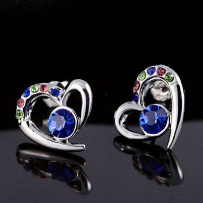 The heart earring is three times gold plated inlaid with colored crystals and blue Austrian crystals