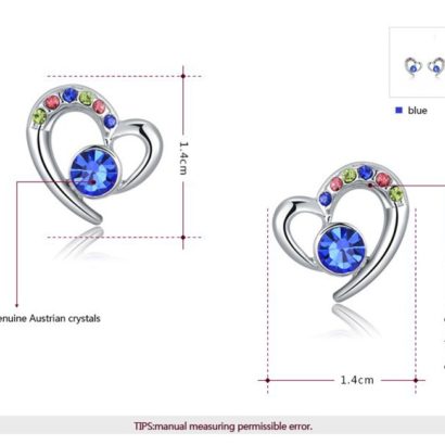 The heart earring is three times gold plated inlaid with colored crystals and blue Austrian crystals