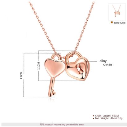 The lovers necklace has the heart key and the heart lock design made from rose gold