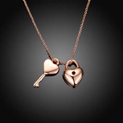 The lovers necklace has the heart key and the heart lock design made from rose gold