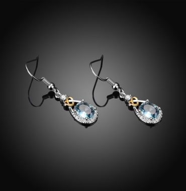 Heart and water drop earring, plated with silver and inlaid with blue crystal