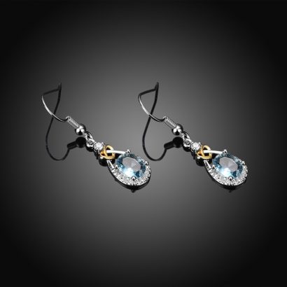 Heart and water drop earring, plated with silver and inlaid with blue crystal