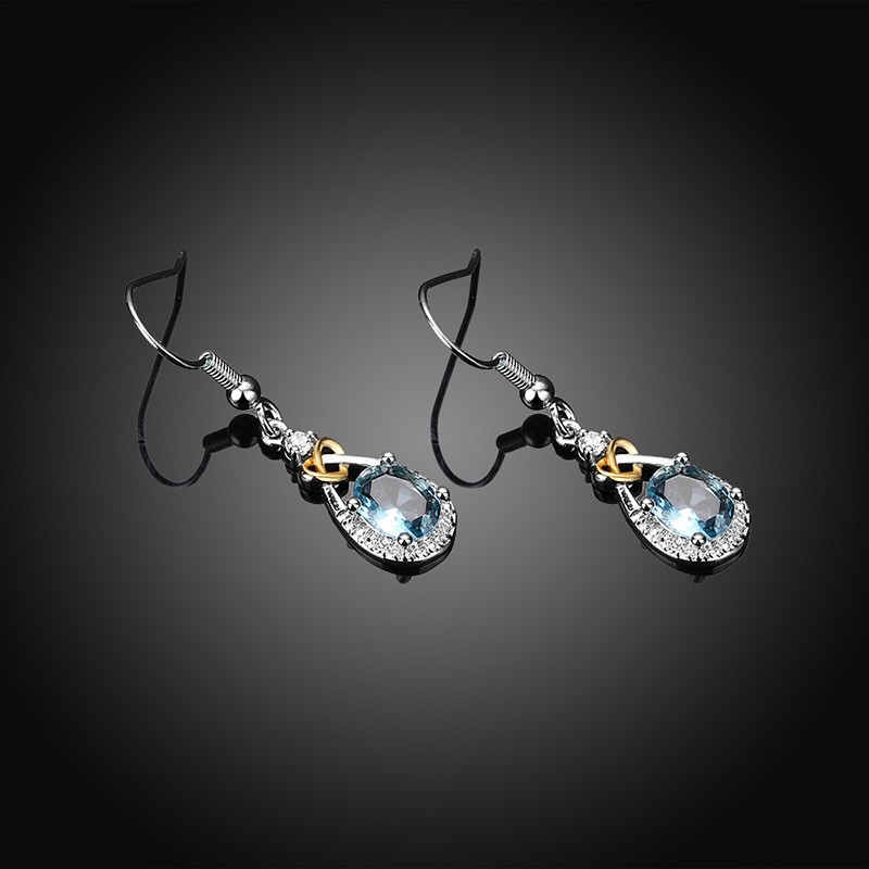 Heart and water drop earring, plated with silver and inlaid with blue crystal