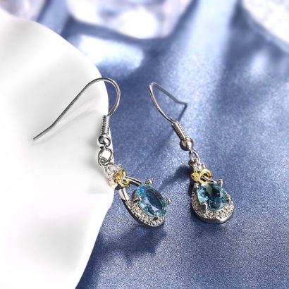 Heart and water drop earring, plated with silver and inlaid with blue crystal