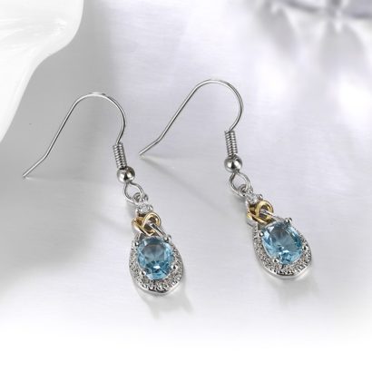 Heart and water drop earring, plated with silver and inlaid with blue crystal