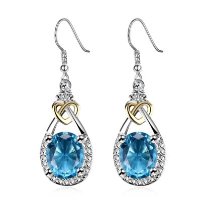 Heart and water drop earring, plated with silver and inlaid with blue crystal