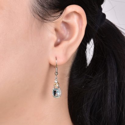 Heart and water drop earring, plated with silver and inlaid with blue crystal