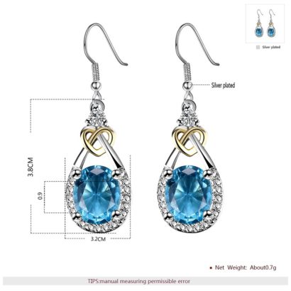 Heart and water drop earring, plated with silver and inlaid with blue crystal