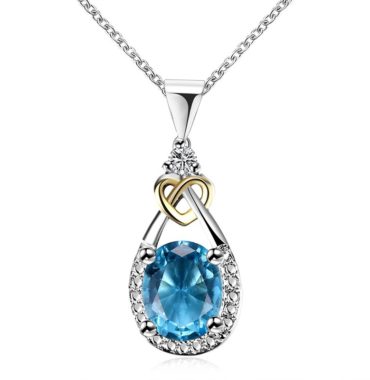 Heart and water drop necklace, plated with silver and inlaid with blue crystal