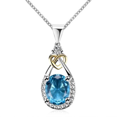 Heart and water drop necklace, plated with silver and inlaid with blue crystal