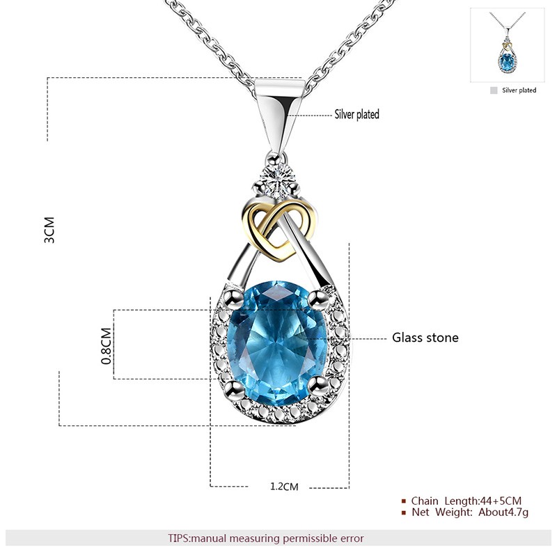 Heart and water drop necklace, plated with silver and inlaid with blue crystal